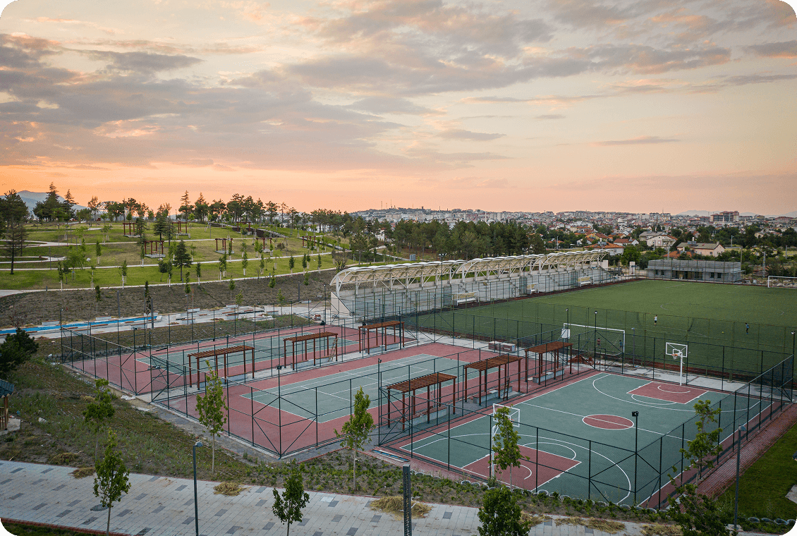 Sports courts at sunrise